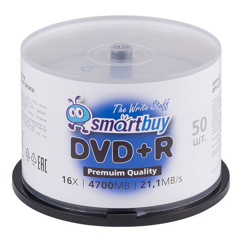 Диски DVD+R (плюс) SMARTBUY, 4,7 Гб, 16x, Cake Box (упаковка на шпиле), КОМПЛЕКТ 50 шт., SBDVPR50 - фото 1