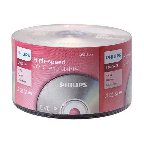 Диски DVD-R PHILIPS, 4,7 Гб, 16x, Bulk (термоусадка без шпиля), КОМПЛЕКТ 50 шт., DM4S6U50F/97 - фото 1
