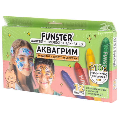 Аквагрим для лица и тела, 12 цветов (10 классических + золото + серебро), 10 трафаретов, FUNSTER (ФАНСТЕР), 192572 - фото 8