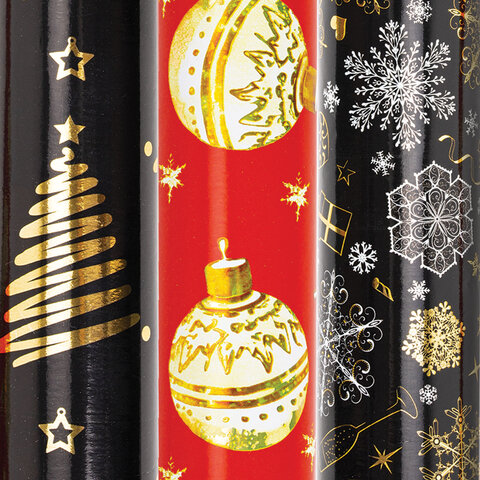 Бумага упаковочная новогодняя НАБОР 3 шт. "Black&Gold", С ЭФФЕКТАМИ, 70х100 см, ЗОЛОТАЯ СКАЗКА, 592190 - фото 1