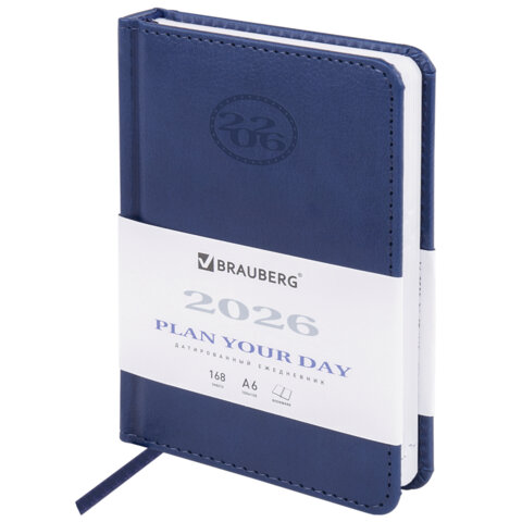 Ежедневник датированный 2026, МАЛЫЙ ФОРМАТ 100х150 мм, А6, BRAUBERG "Favorite", под кожу, синий, 117250 - фото 1
