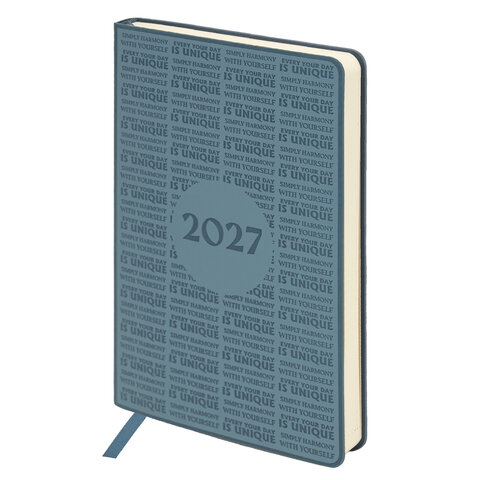 Ежедневник датированный 2027, А5, 138х213 мм, BRAUBERG "Aura", под кожу, гибкий, серо-голубой, 117931 - фото 1