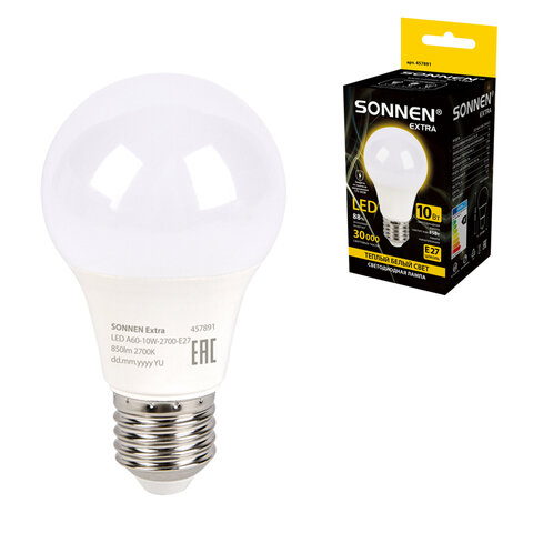 Лампа светодиодная SONNEN EXTRA, 10 (85) Вт, Е27, груша, теплый белый, 30000 ч, LED A60-10W-2700-Е27, 457891 - фото 1