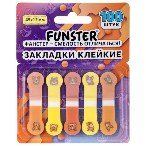 Закладки клейкие Z-сложения FUNSTER (ФАНСТЕР) "Корги", 45х12 мм, 100 шт. (5 цветов х 20 листов), в диспенсере, 116695 - фото 1