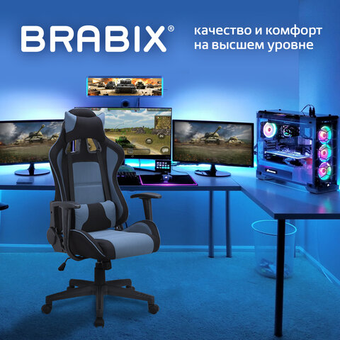 Кресло компьютерное BRABIX "GT Racer GM-100", две подушки, ткань, черное/голубое, 531818 - фото 10