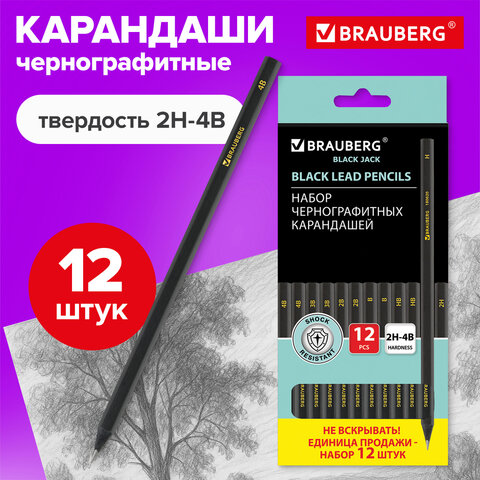 Карандаши чернографитные BRAUBERG НАБОР 12 шт., "Black Jack", 2Н-4В, без резинки, черные, дерево, заточенные, 180620 - фото 10