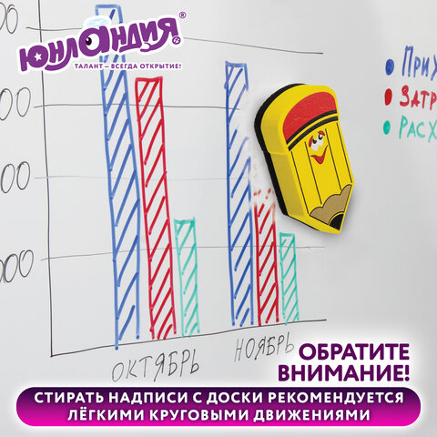 Стиратель магнитный для магнитно-маркерной доски ЮНЛАНДИЯ "Карандаш", 55х100 мм, желтый с рисунком, 237507 - фото 9