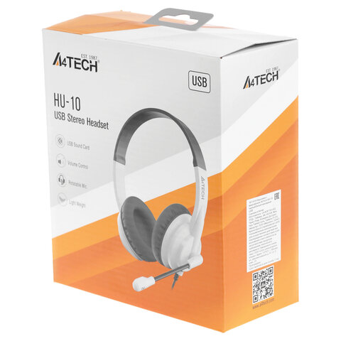 Наушники с микрофоном (гарнитура) A4TECH HU-10, проводные, 2 м, USB, черные с белым, 1611415 - фото 3