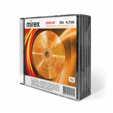 Диск DVD+R (плюс) MIREX, 4,7 ГБ, 16x, Slim Case, КОМПЛЕКТ 5 шт., UL130013A1F - фото 1