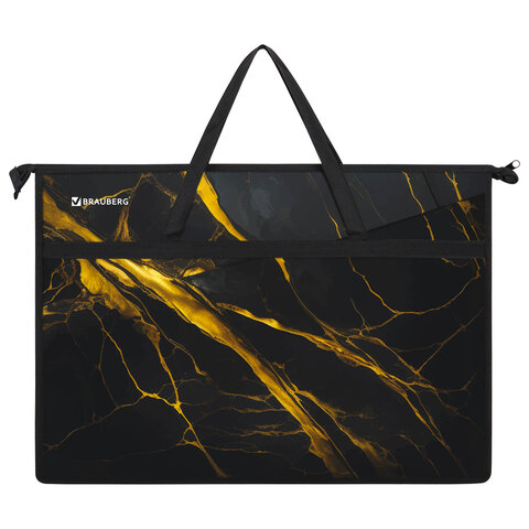 Папка для рисунков и чертежей с ручками BRAUBERG А3, пластик, молния сверху, "Black&gold marble", 272232 - фото 2