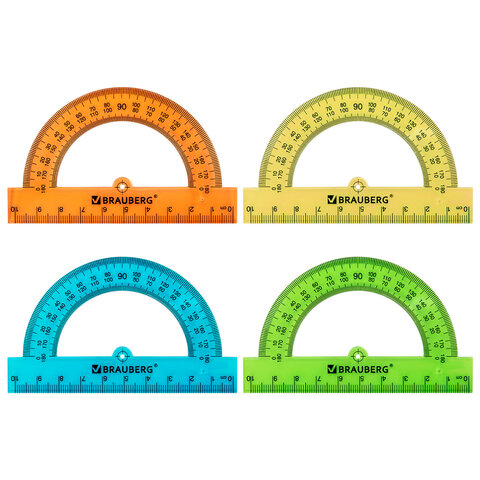 Транспортир пластиковый 10 см, 180 градусов, BRAUBERG, прозрачный, неоновый, ассорти, 210847 - фото 1
