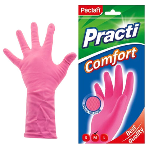 Перчатки МНОГОРАЗОВЫЕ латексные PACLAN "Practi Comfort", хлопчатобумажное напыление, размер M (средний), розовые, вес 62 г, 407271 - фото 1