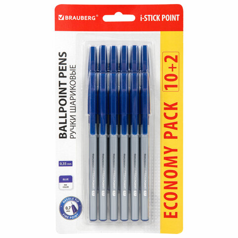Ручки шариковые с грипом BRAUBERG "i-STICK POINT", НАБОР 10+2 ШТ., СИНИЕ, линия письма 0,35 мм, блистер,144025 - фото 1