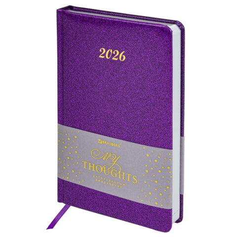 Ежедневник датированный 2026 А5 138x213 мм BRAUBERG Sparkle, под кожу, блестки, фиолетовый, 117438 - фото 1