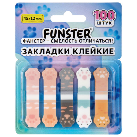 Закладки клейкие Z-сложения FUNSTER (ФАНСТЕР) "Лапки котов", 45х12 мм, 100 шт. (5 цветов х 20 листов), в диспенсере, 116691 - фото 1