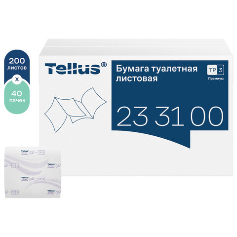Бумага туалетная листовая Tellus/TORK (Система ТР3) ПРЕМИУМ КОМПЛЕКТ 40 шт., 200 л., 11х23 см, 2-слойная, 233100 - фото 1
