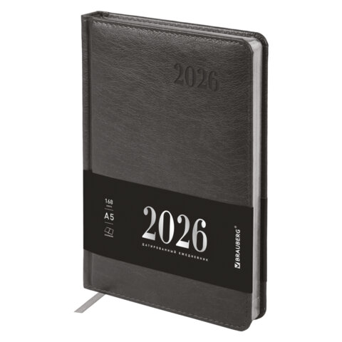 Ежедневник датированный 2026, А5, 138х213 мм, BRAUBERG "Impression", под кожу, серый, 117513 - фото 1