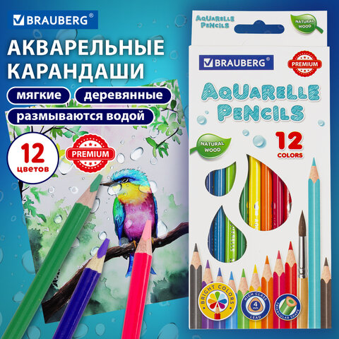 Карандаши цветные акварельные BRAUBERG PREMIUM AQUARELLE, 12 цветов, трехгранные, утолщенный грифель 4 мм, натуральное дерево, 181671 - фото 8