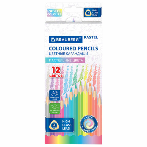 Карандаши цветные BRAUBERG PASTEL, 12 пастельных цветов, трехгранные, грифель 3 мм, натуральное дерево, 181850 - фото 1