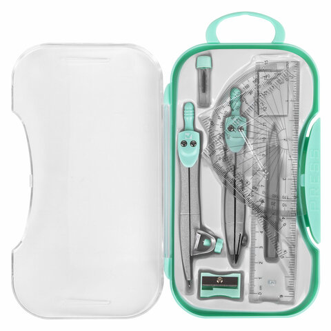Готовальня BRAUBERG SCHOOL KIT, 11 предметов, циркуль 115 мм, циркуль 125 мм, чертежные принадлежности, мятный цвет, 210706 - фото 12