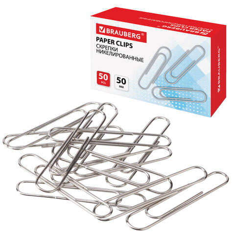 Скрепки большие 50 мм, BRAUBERG, никелированные, 50 шт., в картонной коробке, РОССИЯ, 221525 - фото 1