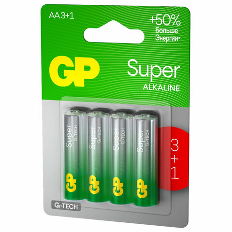 Батарейки КОМПЛЕКТ 4 шт., GP Super, AA (LR6,15А), алкалиновые, пальчиковые, ПРОМО 3+1, 15A3/1-2CR4 - фото 2