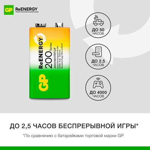 Батарейка аккумуляторная GP ReEnergy Ni-Mh 1 шт., "Крона" (20R8H 9V), 200 mAh, 20R8HRGY-2CRCB1 - фото 8
