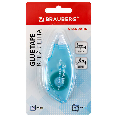 Клей-лента BRAUBERG STANDARD, 6 мм х 8 м, корпус матовый голубой, блистер, 273027 - фото 1