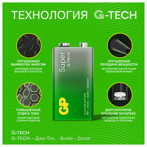 Батарейка GP Super 6LR61/Крона 9V/1604A 1604A-5CR1/1604AA21-5CRSBC1 бл/1 - фото 8