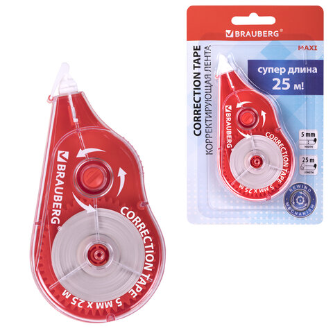 Корректирующая лента BRAUBERG MAXI PLUS, 5 мм х 25 м, механизм перемотки, корпус красный, блистер, 272501 - фото 1