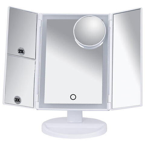 Зеркало настольное с LED-подсветкой для макияжа, размер 24х18 см, складное, увеличение х2, х3, х10, белое, BRABIX, 609337 - фото 2