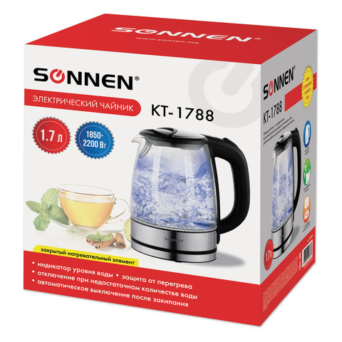 Чайник SONNEN KT-1788, 1,7 л, 2200 Вт, закрытый нагревательный элемент, стекло, черный, подсветка, 454349 - фото 10