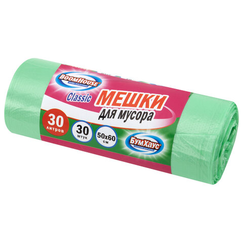 Мешки для мусора 30 л, зеленые, в рулоне 30 штук, ПНД 10 мкм, 50x60 см, серия "Classic", BOOMHOUSE (БУМХАУС), 702652 - фото 1