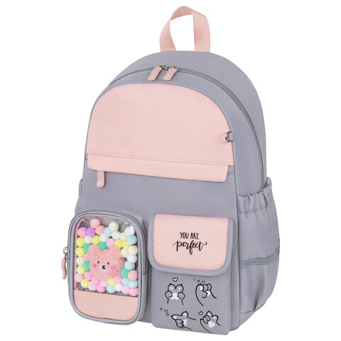 Рюкзак BRAUBERG PASTEL с термонашивками в комплекте, "Sweet paws", серый, 40х29х14 см, 272064 - фото 1