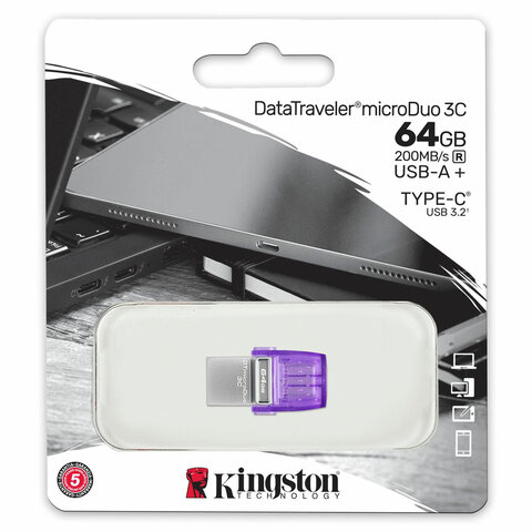 Флеш-диск 64 GB KINGSTON DataTraveler microDuo 3C, разъем USB 3.2, Type-C, фиолетовый, DTDUO3CG3/64GB - фото 1
