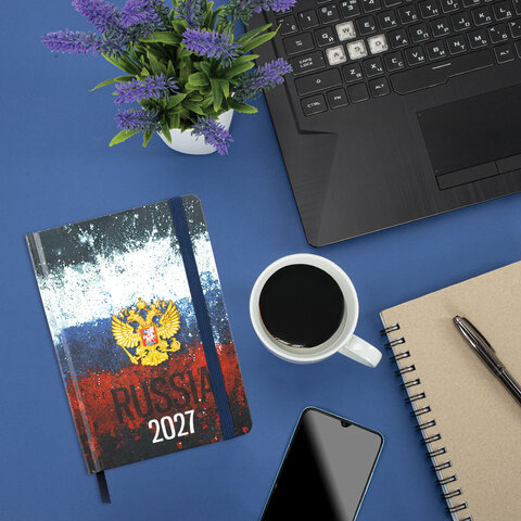 Ежедневник датированный 2027 с резинкой, 145х203 мм, А5, BRAUBERG, твердый, фольга, "Russia", 117818 - фото 5