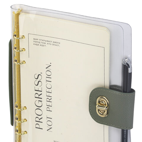 Блокнот А5 180x235 мм, BRAUBERG "Fabulous", гибкий, на кольцах, застежка, 80 л., оливковый, 116195 - фото 4