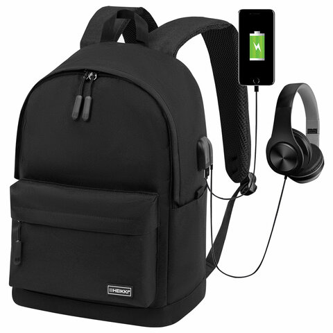 Рюкзак HEIKKI ACTIVE (ХЕЙКИ) универсальный, отделение для ноутбука, USB-порт, черный, 44х31х14 см, 272560 - фото 1