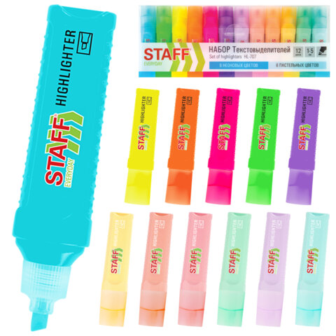 Набор текстовыделителей 12 ЦВЕТОВ, STAFF EVERYDAY HL-707, 6 неоновых цветов + 6 пастельных цветов, линия 1-5 мм, скошен. наконечник, 152552 - фото 1