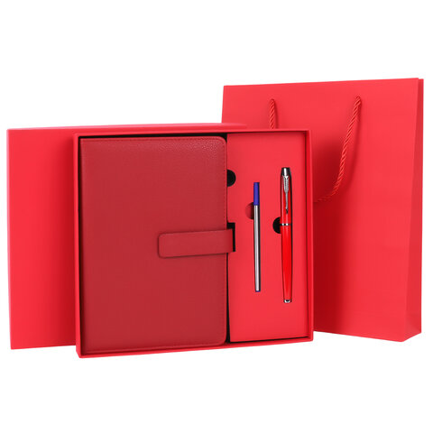 Ежедневник в подарочном наборе 5 в 1, А5, 145x212 мм, BRAUBERG "President", под кожу, 160 листов, красный, 116851 - фото 1