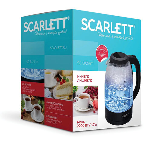 Чайник SCARLETT SC-EK27G11, 1,7 л, 2200 Вт, закрытый нагревательный элемент, стекло, черный - фото 2