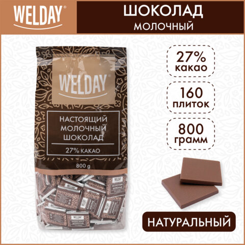 Шоколад порционный высшего качества WELDAY (ВЭЛДЭЙ) "Молочный 27%", 800 г (160 плиток по 5 г), пакет, 622406 - фото 4