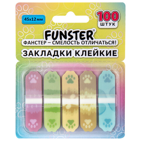 Закладки клейкие Z-сложения FUNSTER (ФАНСТЕР) "Лапки собак", 45х12 мм, 100 шт. (5 цветов х 20 листов), в диспенсере, 116693 - фото 1
