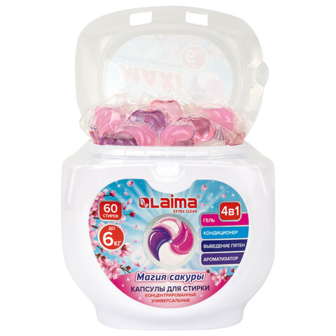 Капсулы для стирки большие концентрат 4 в 1, с кондиционером, "Магия сакуры", 60 шт., LAIMA, 608877 - фото 1