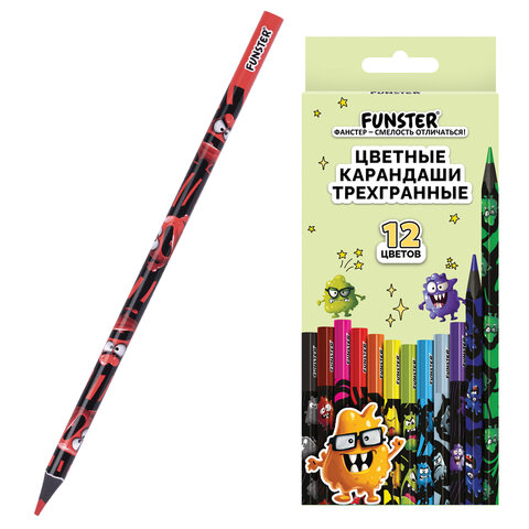 Карандаши цветные FUNSTER (ФАНСТЕР) МОНСТРИКИ, 12 цветов, черный корпус с принтом, трехгранные, 182065 - фото 1