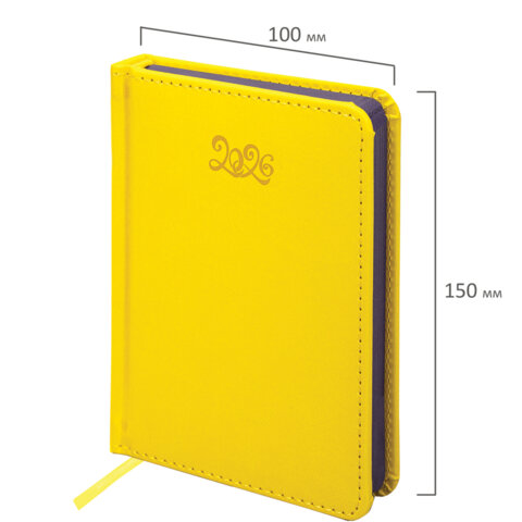 Ежедневник датированный 2026, МАЛЫЙ ФОРМАТ 100х150 мм, А6, BRAUBERG "Rainbow", под кожу, желтый, 117258 - фото 2
