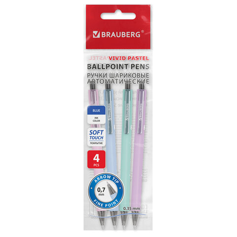 Ручки шариковые автоматические BRAUBERG "VIVID PASTEL", СИНИЕ, НАБОР 4 ШТУКИ, soft-touch, пишущий узел 0,7 мм, линия письма 0,35 мм, 144408 - фото 1
