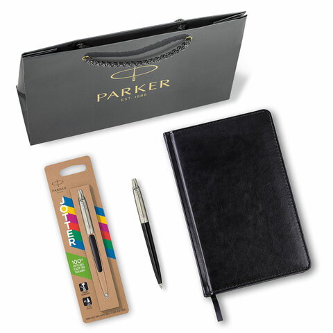 Ручка шариковая PARKER "Jotter Plastic CT", корпус черный, ежедневник А5 черный, белый срез, пакет, 880895 - фото 1