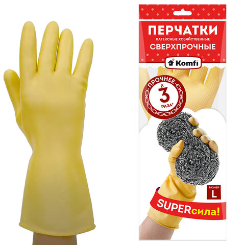 Перчатки МНОГОРАЗОВЫЕ латексные SUPER СИЛА СВЕРХПРОЧНЫЕ, бежевые, размер L (большой), вес 98 г, Komfi, ADM, 20074 - фото 1