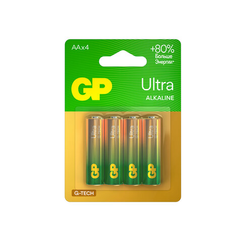 Батарейки КОМПЛЕКТ 4 шт., GP Ultra G-Tech, AA (LR6, 15А), алкалиновые, пальчиковые, 15AUA21-2CRSBC4 - фото 1